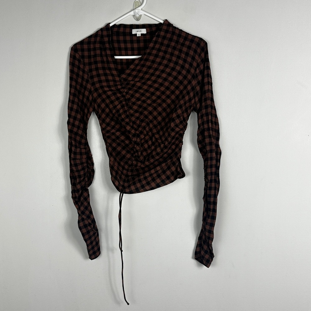 ALC Oryn Black Brandy Brown‎ Top Womens Sz 4 Ruched Long Sleeve Plaid Check Boho - Picture 3 of 16